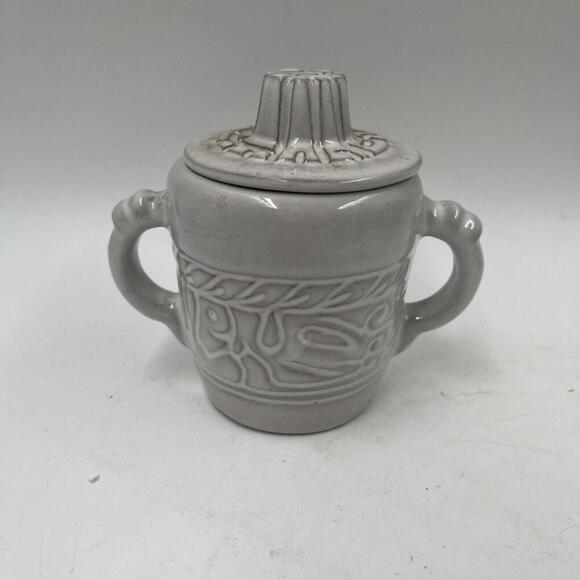 Frankoma Embossed White Small Sugar Bowl Dish with Lid Textured Sides 4" Tall - Picture 1 of 6
